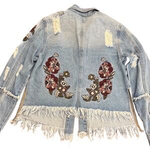 Indigo Thread Co‎ Distressed Embroidered Denim Jacket Frayed Hem Boho Size Small
